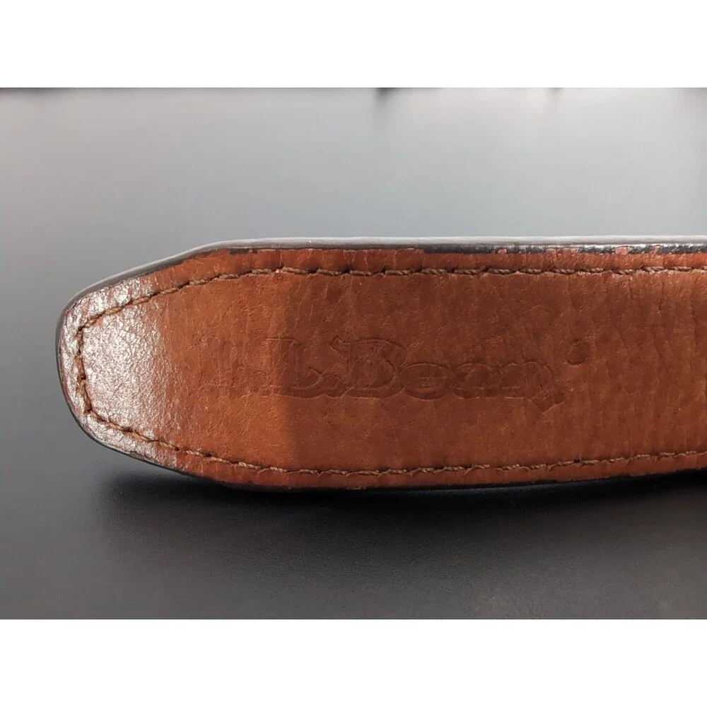 VINTAGE L.L.BEAN Navy Web Belt Sz 30 Brown Leather Solid Brass Buckle Made USA